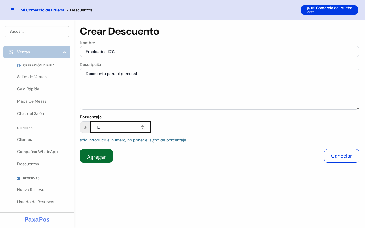 Pantalla Crear Descuento con Nombre, Descripción y Porcentaje