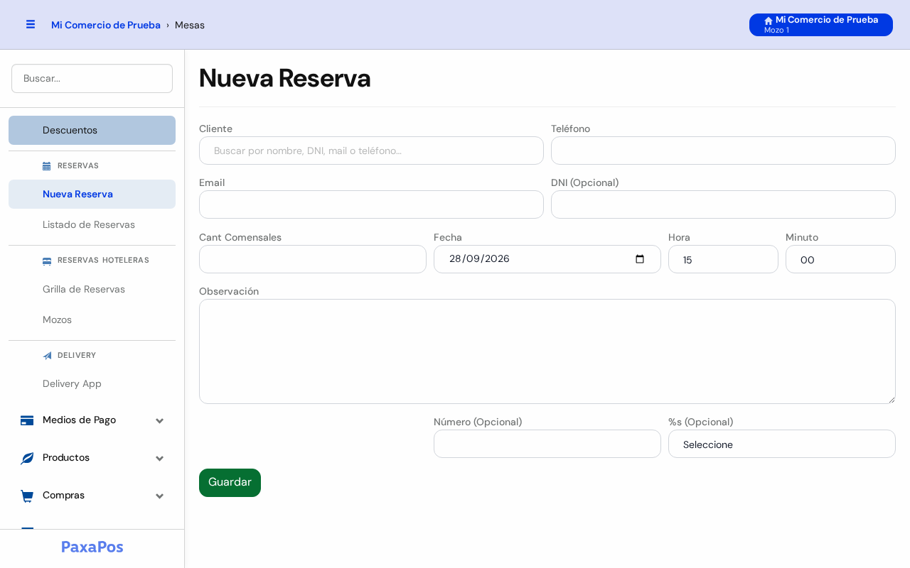 Pantalla Nueva Reserva vacía