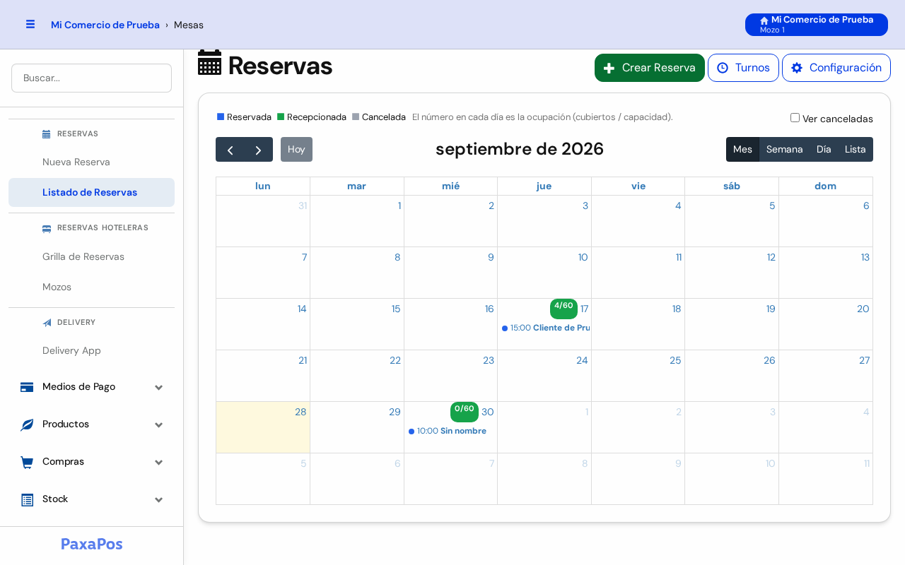 Calendario de reservas del mes