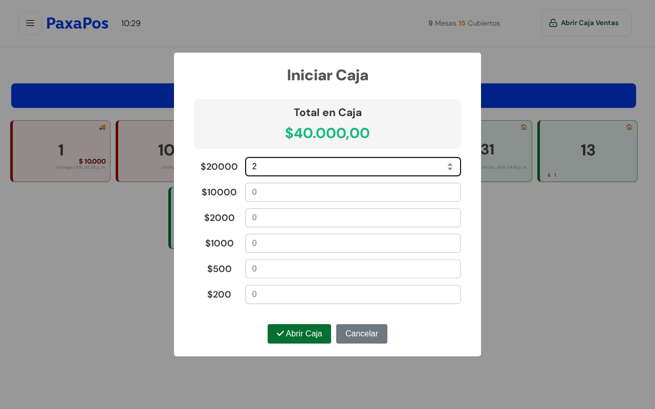 Ventana Iniciar Caja con la lista de billetes