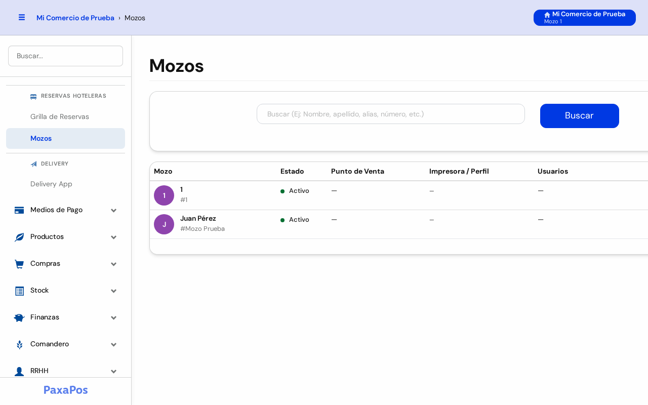 Lista de mozos con su estado, punto de venta, impresora y usuarios