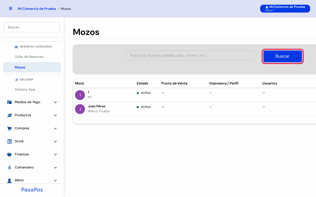 Lista de mozos con el botón Buscar marcado en rojo
