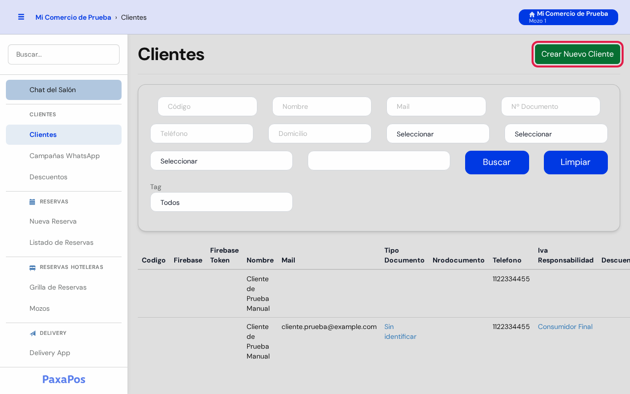 Listado de clientes con el botón Crear Nuevo Cliente marcado en rojo