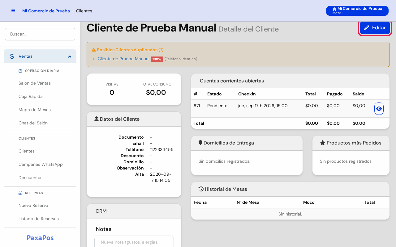 Ficha del cliente con el botón Editar marcado en rojo
