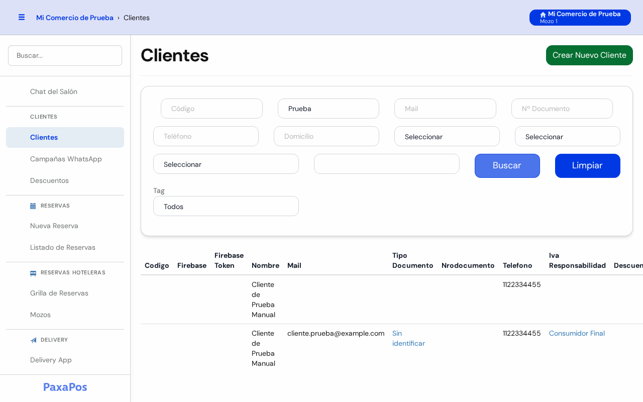 Tabla de clientes filtrada por la búsqueda