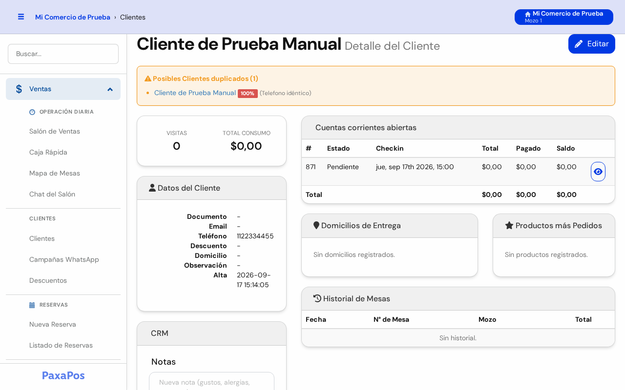 Ficha del cliente con sus datos, consumo, cuentas abiertas e historial de mesas