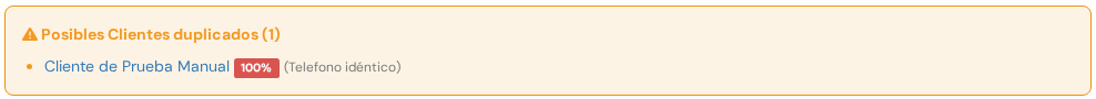 Aviso naranja Posibles Clientes duplicados