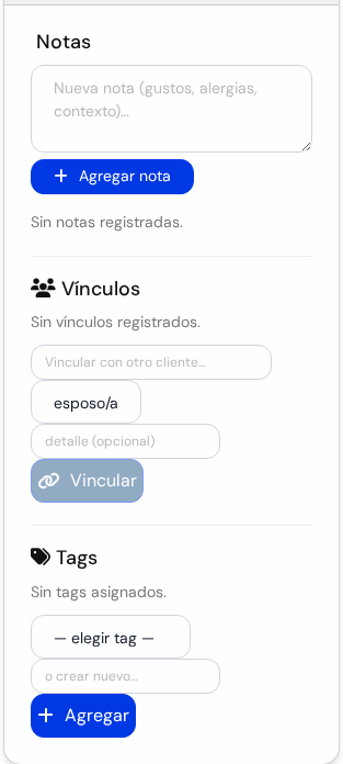 Parte CRM de la ficha con Notas, Vínculos y Tags