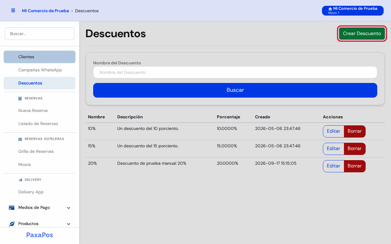 Listado con el botón Crear Descuento marcado en rojo