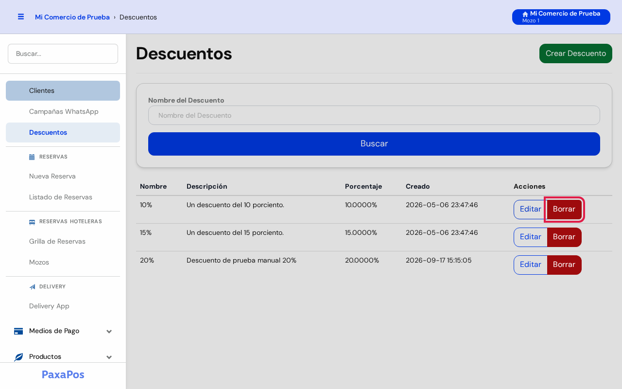 Listado con el botón rojo Borrar marcado