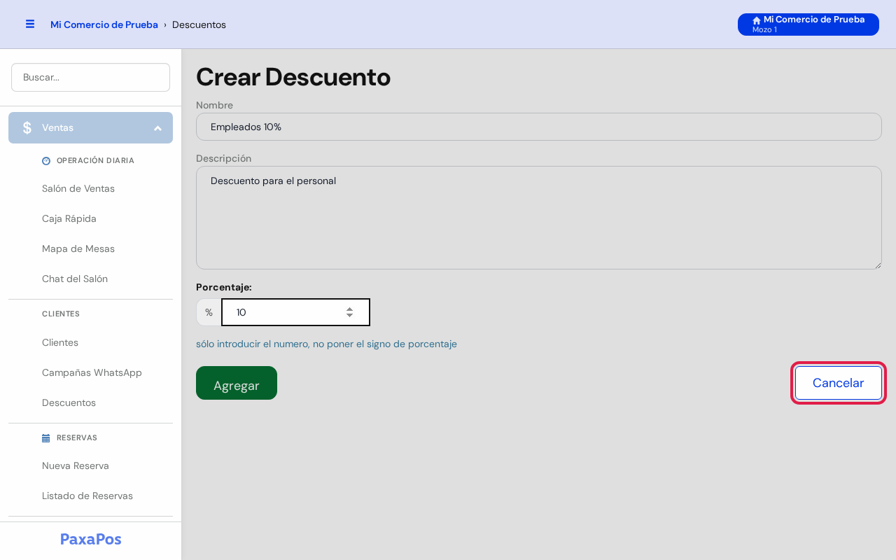 Pantalla Crear Descuento con el botón Cancelar marcado en rojo