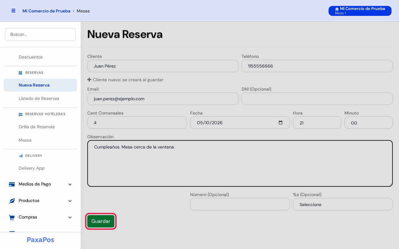 Pantalla Nueva Reserva con el botón Guardar marcado en rojo