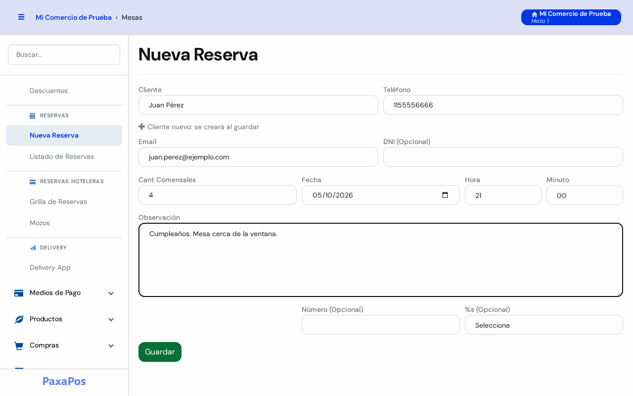 Pantalla Nueva Reserva completa