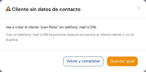 Ventanita Cliente sin datos de contacto