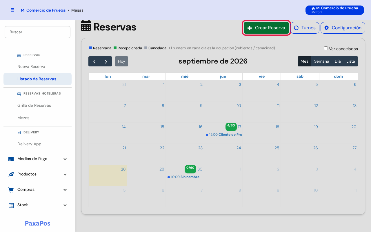 Pantalla de reservas con el botón Crear Reserva marcado en rojo
