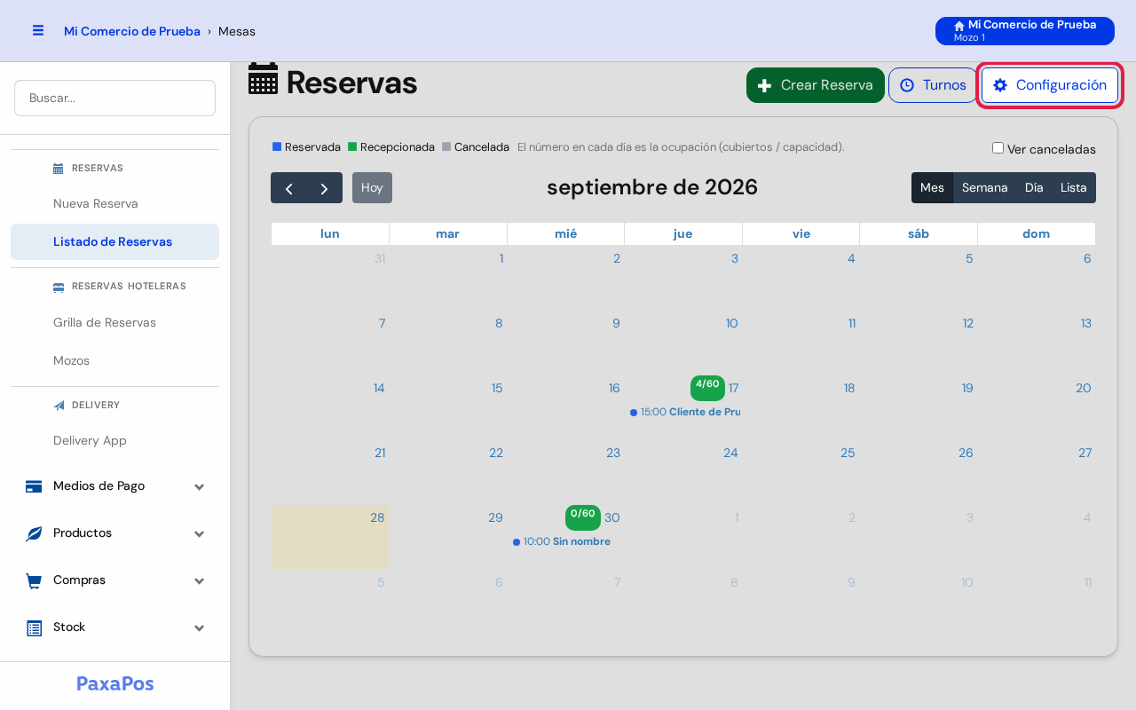 Pantalla de reservas con el botón Configuración marcado en rojo