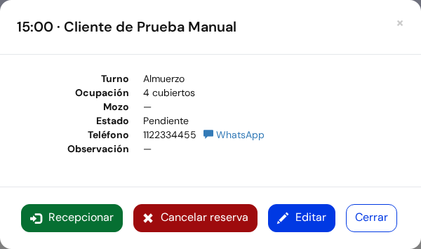 Ventanita con los datos de la reserva y sus botones