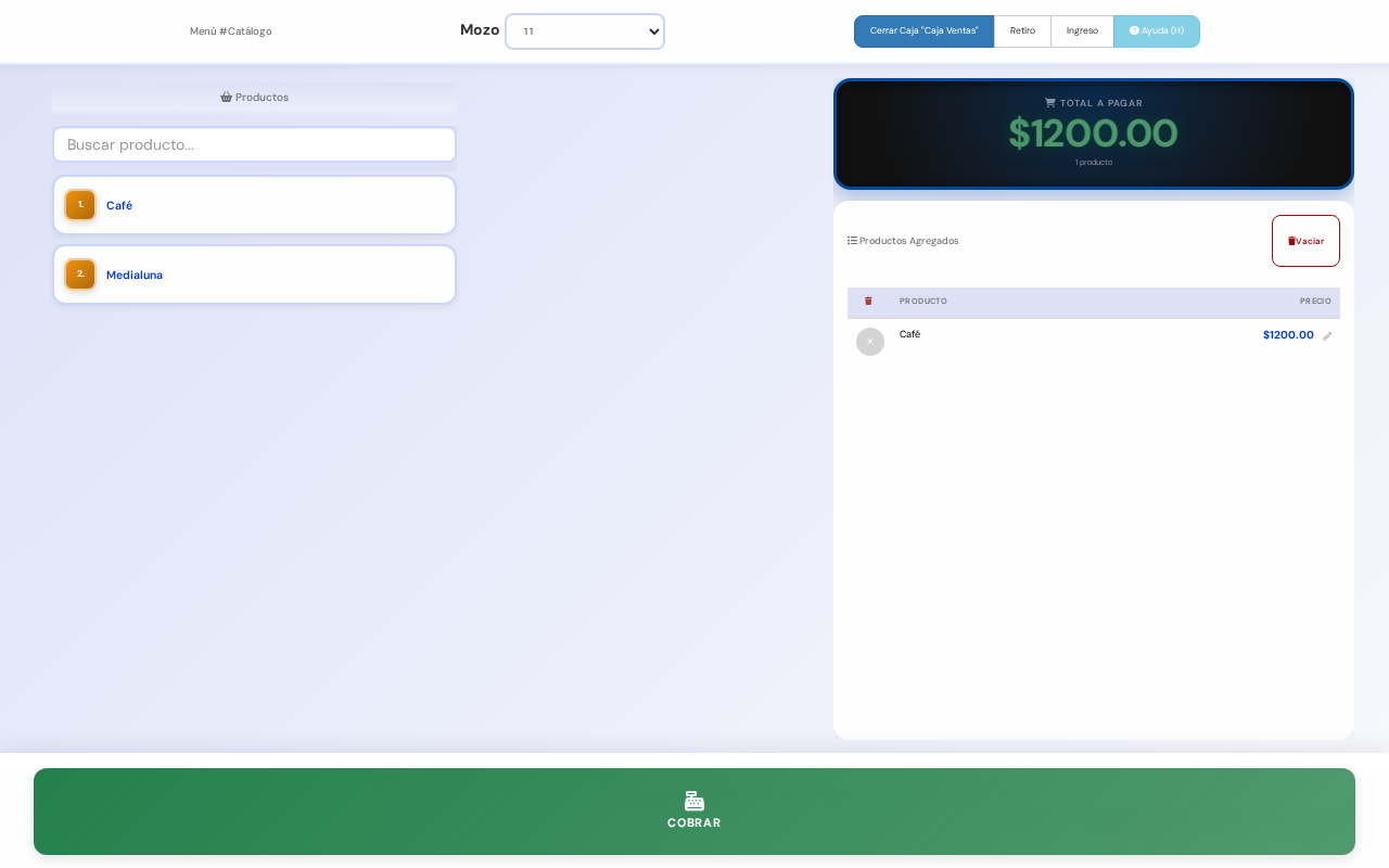 Registradora con el Café en la lista y el total a pagar de $1200
