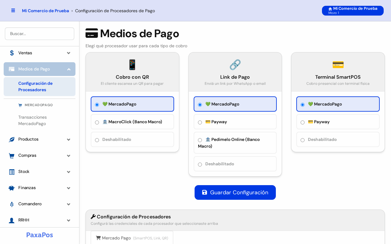 Pantalla Medios de Pago con las tres tarjetas: Cobro con QR, Link de Pago y Terminal SmartPOS