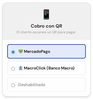 Tarjeta Cobro con QR con las opciones MercadoPago, MacroClick y Deshabilitado