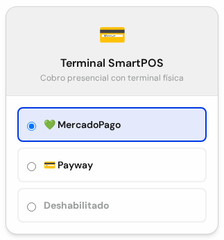 Tarjeta Terminal SmartPOS con las opciones MercadoPago, Payway y Deshabilitado