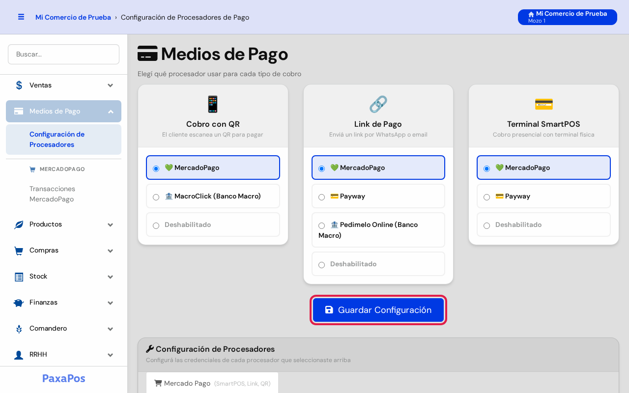 Pantalla con el botón azul Guardar Configuración marcado en rojo, debajo de las tarjetas