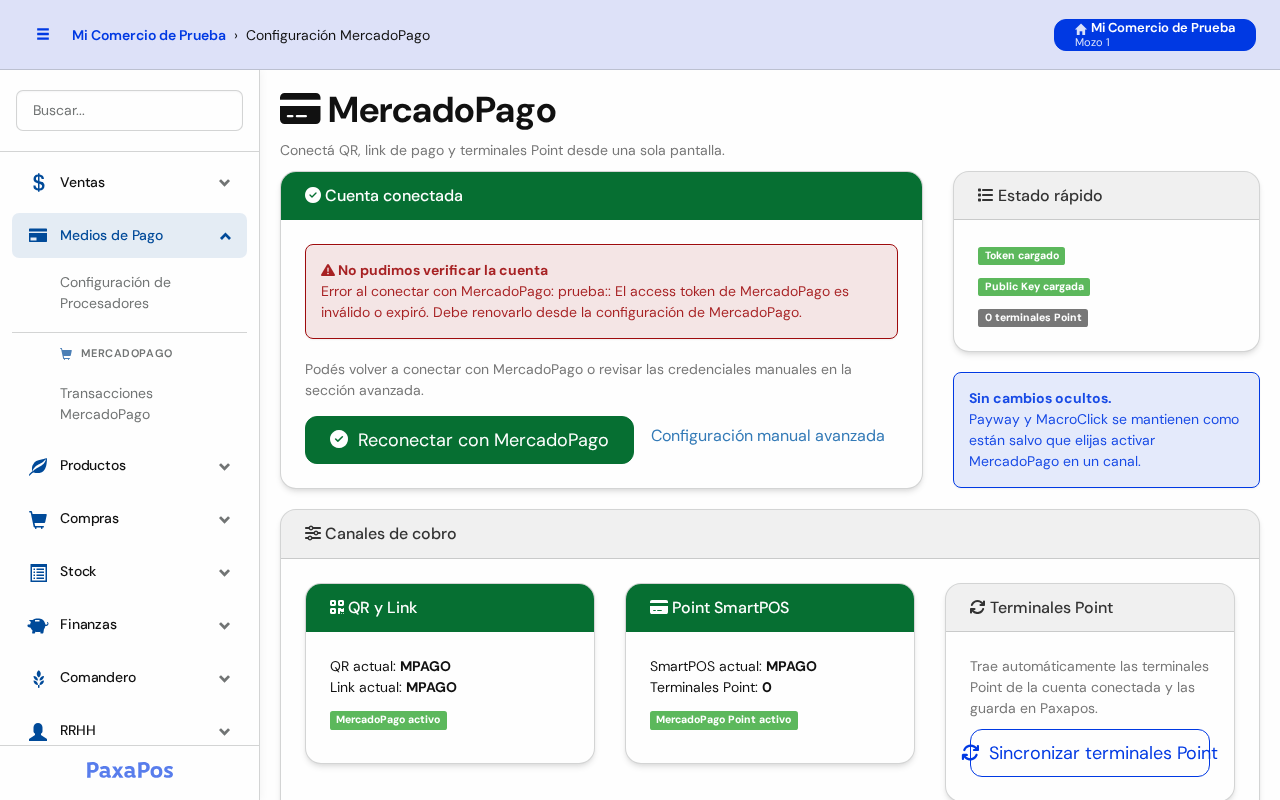 Pantalla MercadoPago con el estado de la cuenta y los canales de cobro