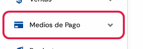 Menú lateral con el grupo Medios de Pago marcado en rojo