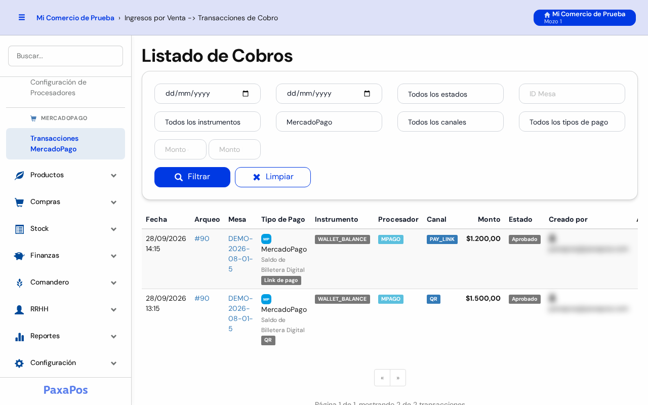 Pantalla Listado de Cobros con los filtros arriba y dos cobros de MercadoPago abajo