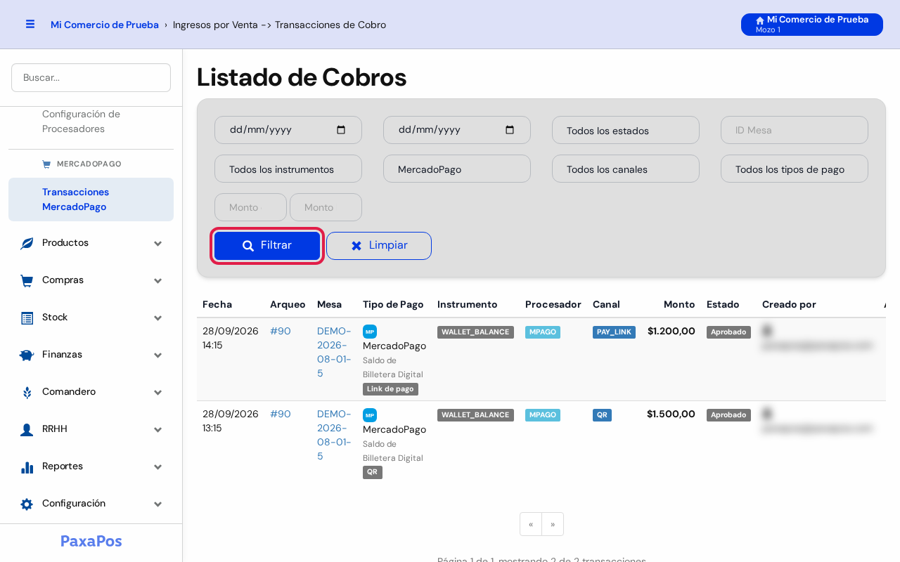 Pantalla con el botón azul Filtrar marcado en rojo