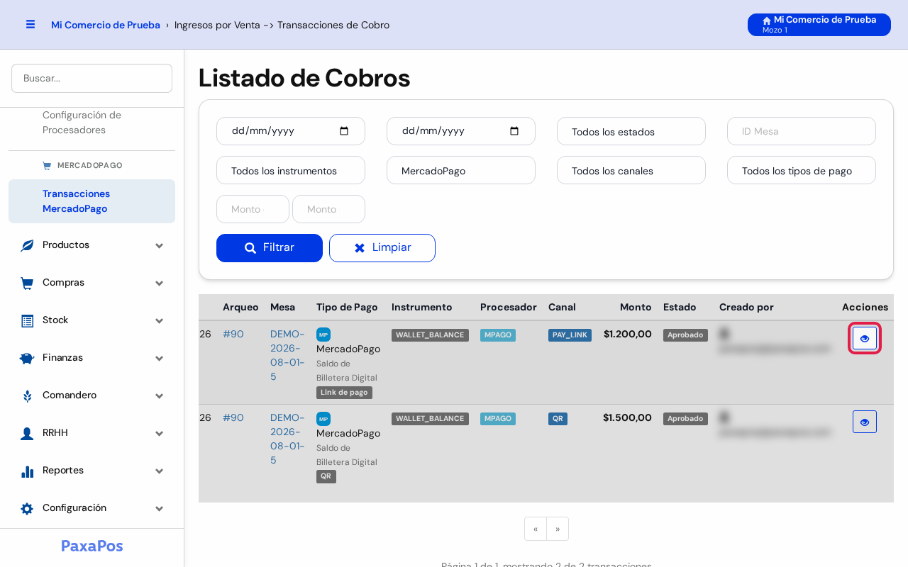 Lista de cobros con el botón del ojo marcado en rojo, a la derecha del renglón