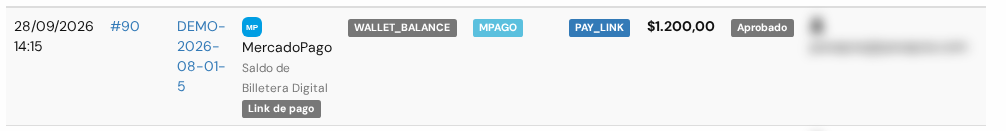 Un cobro de MercadoPago en la lista: fecha, arqueo, mesa, tipo de pago, canal, monto y estado