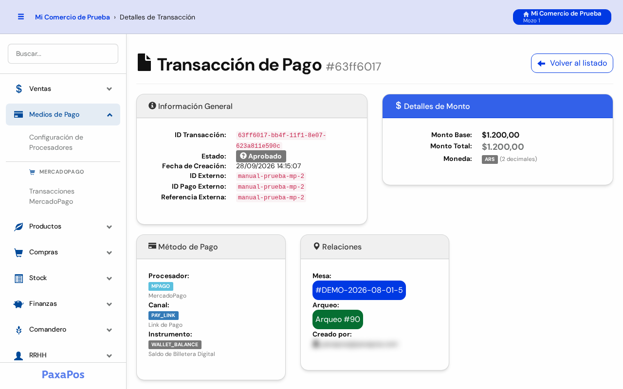 Pantalla Transacción de Pago con Información General, Detalles de Monto, Método de Pago y Relaciones