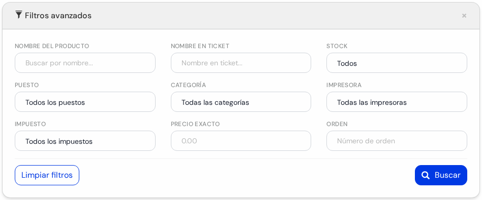 Panel Filtros avanzados abierto