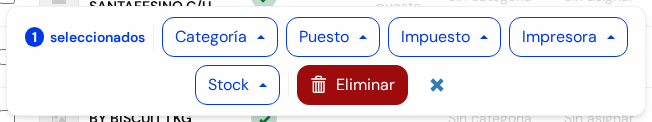 Barra de abajo: 1 seleccionado, Categoría, Puesto, Impuesto, Impresora, Stock, Eliminar y una cruz