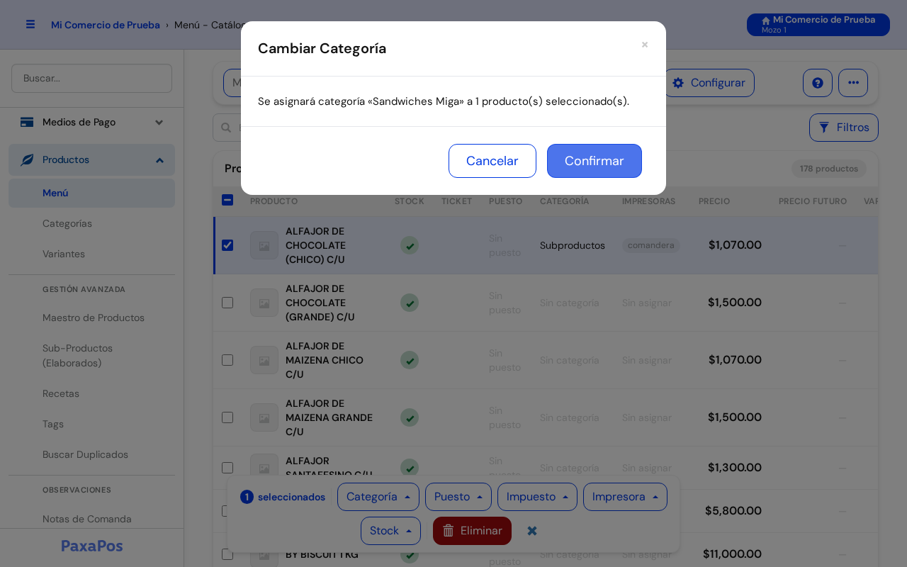 Ventana Cambiar Categoría: Se asignará categoría a 1 producto(s)