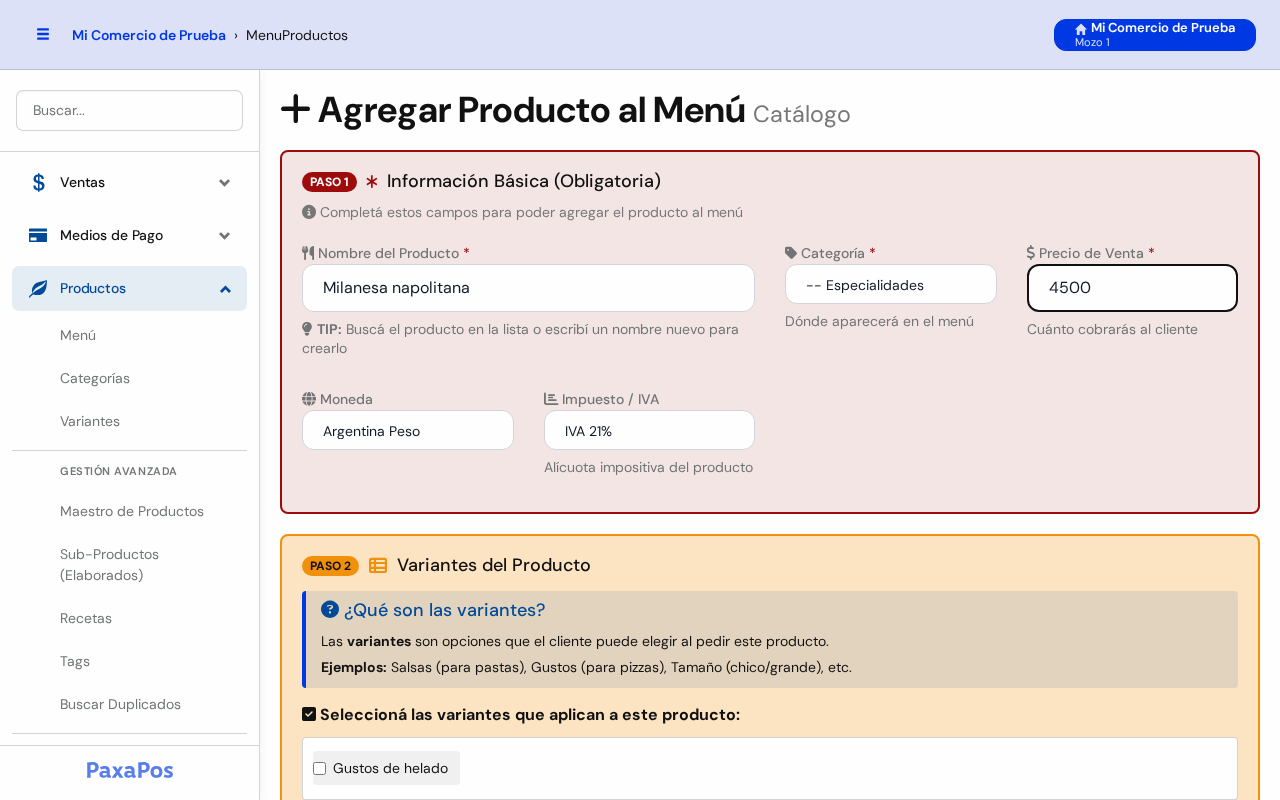 Pantalla Agregar Producto al Menú con Milanesa napolitana a $ 4500
