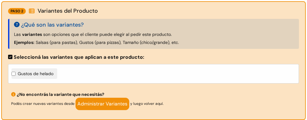 Recuadro PASO 2 Variantes del Producto con la variante Gustos de helado