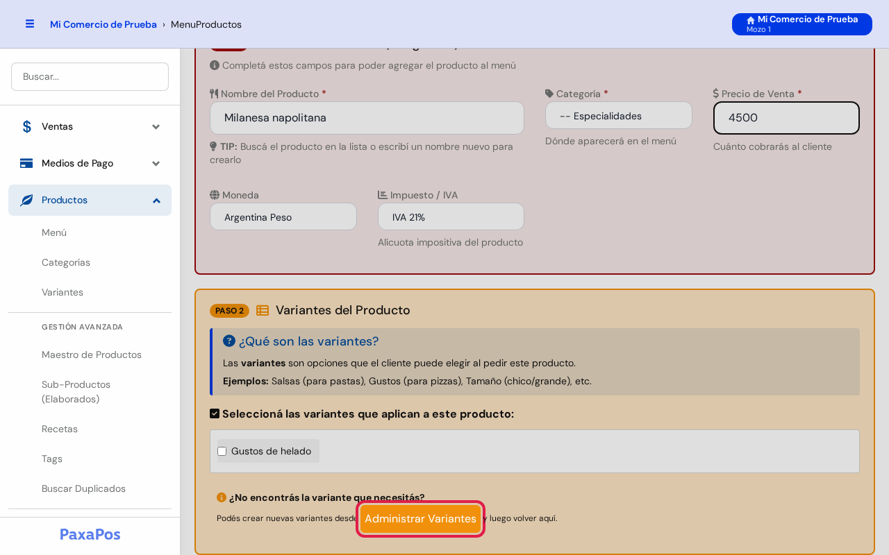 Pantalla con el botón naranja Administrar Variantes marcado en rojo