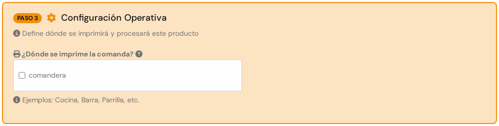 Recuadro PASO 3 Configuración Operativa con ¿Dónde se imprime la comanda?