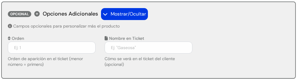 Opciones Adicionales abiertas: Orden y Nombre en Ticket