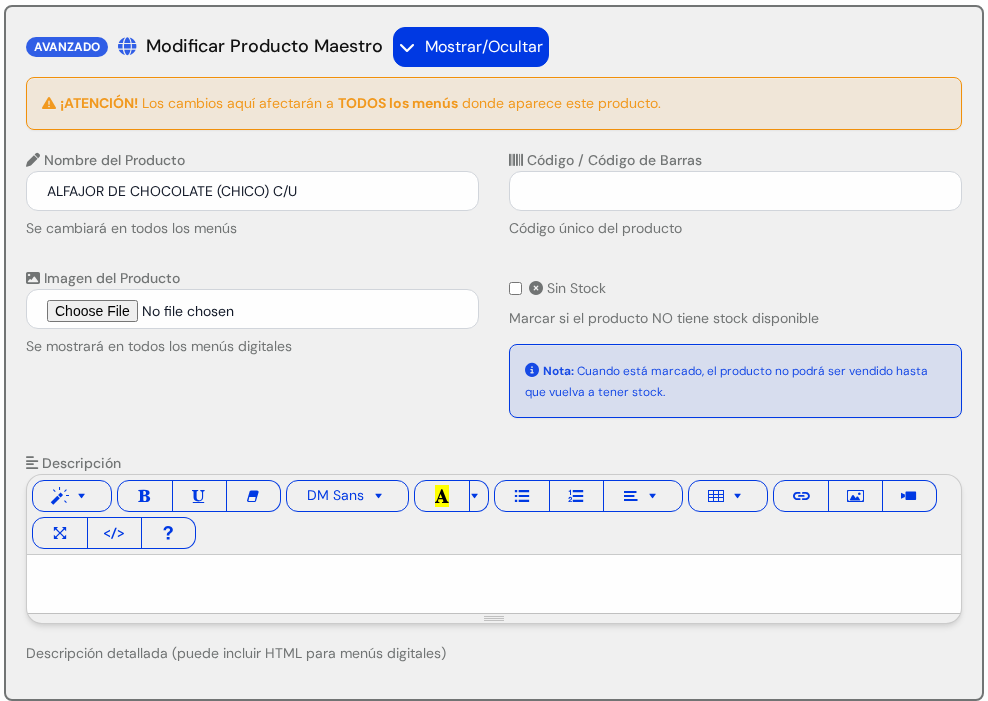 Sección AVANZADO Modificar Producto Maestro abierta, con nombre, código, imagen y Sin Stock