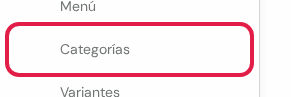 Opción Categorías marcada en rojo en el menú lateral