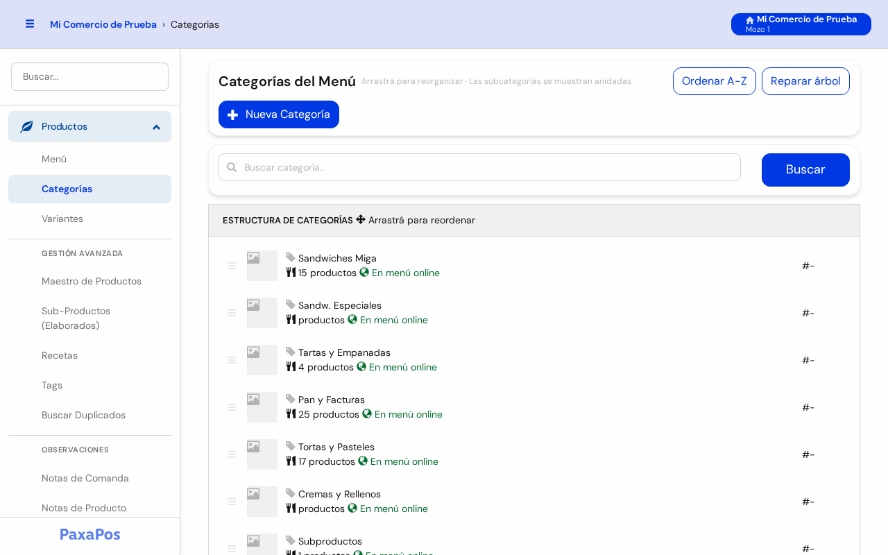 Pantalla Categorías del Menú con la lista de categorías
