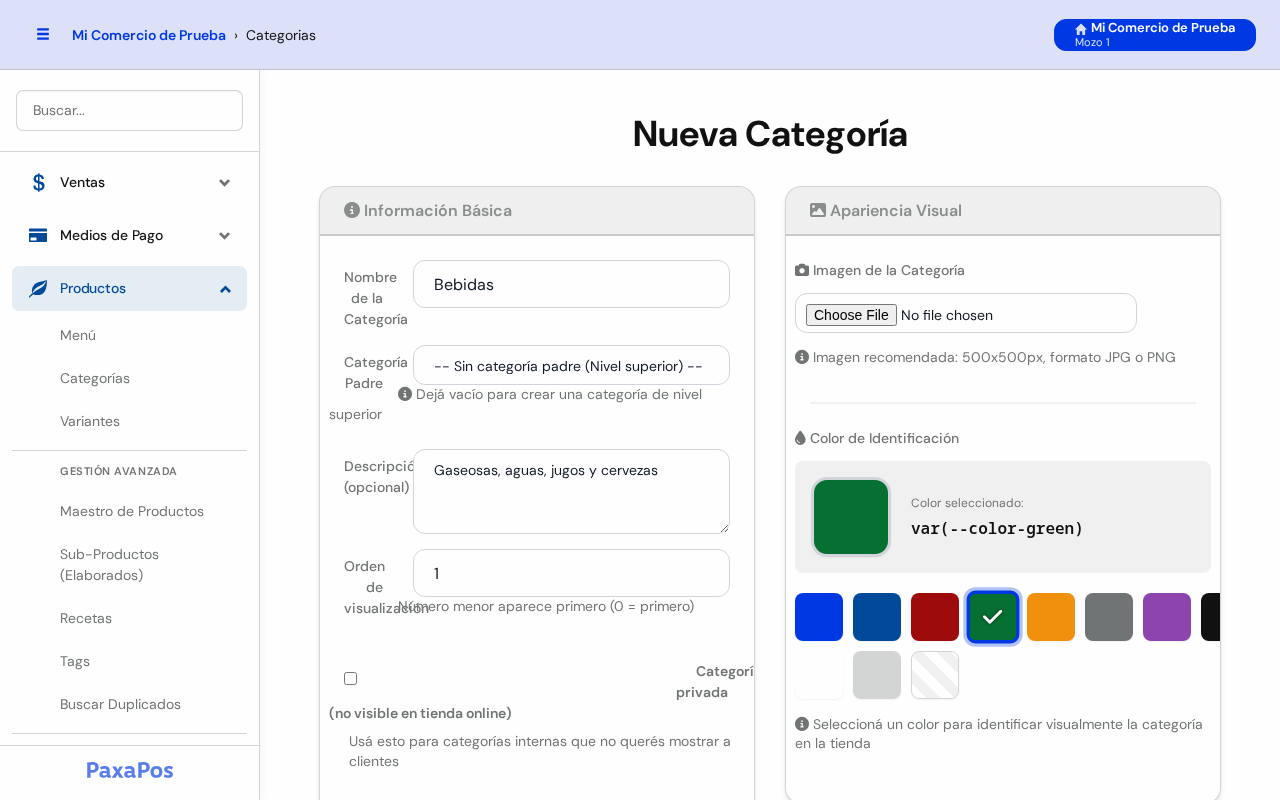 Formulario Nueva Categoría completo con la categoría Bebidas