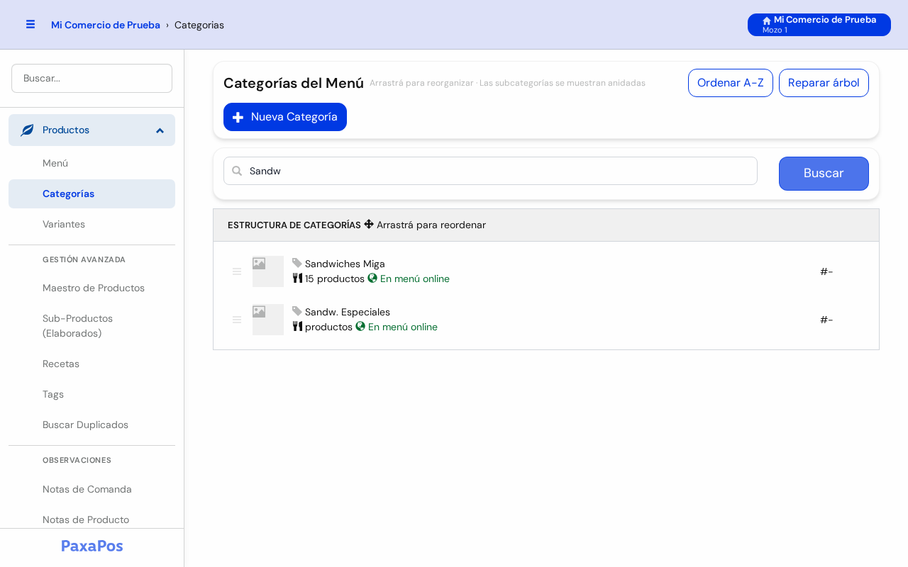 Lista con las dos categorías que empiezan con Sandw