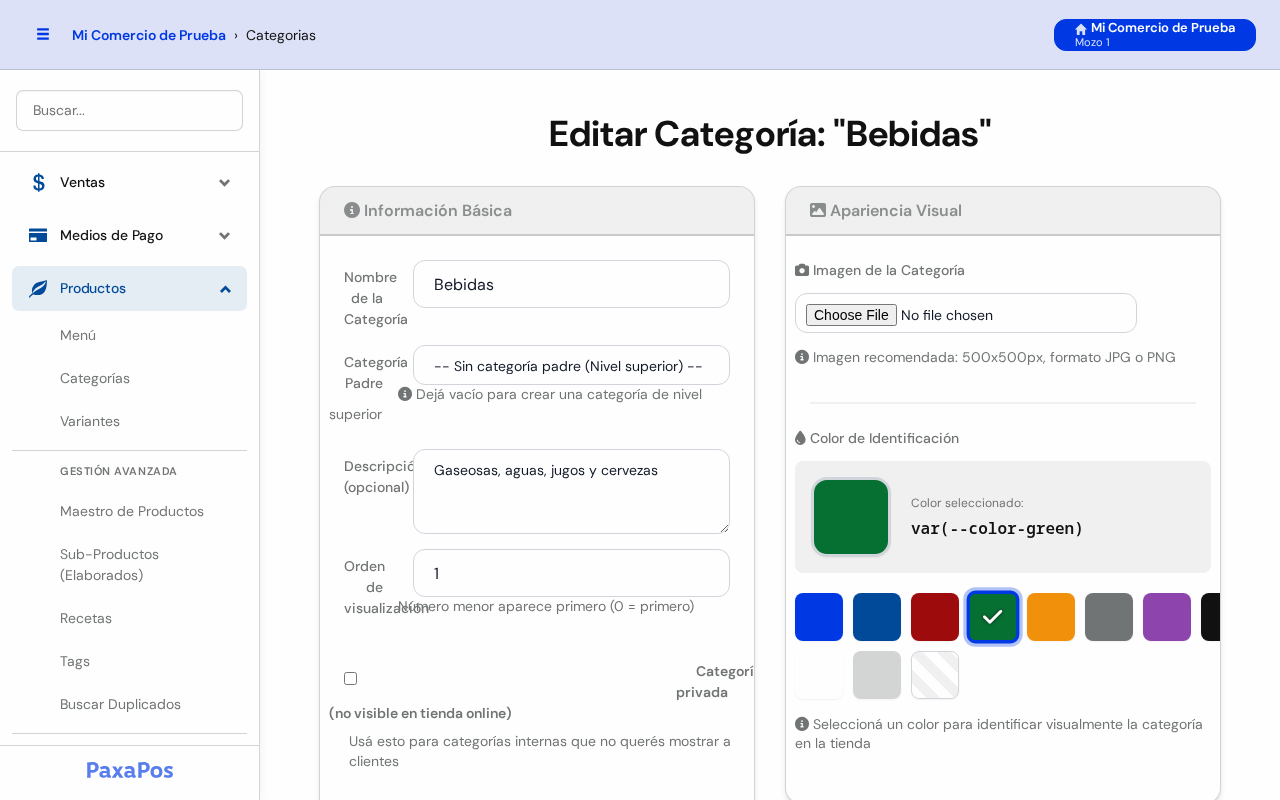 Formulario Editar Categoría Bebidas