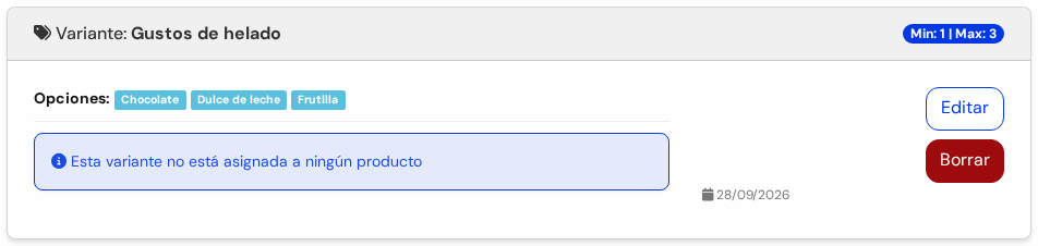 Recuadro de la variante Gustos de helado con sus opciones y los botones Editar y Borrar