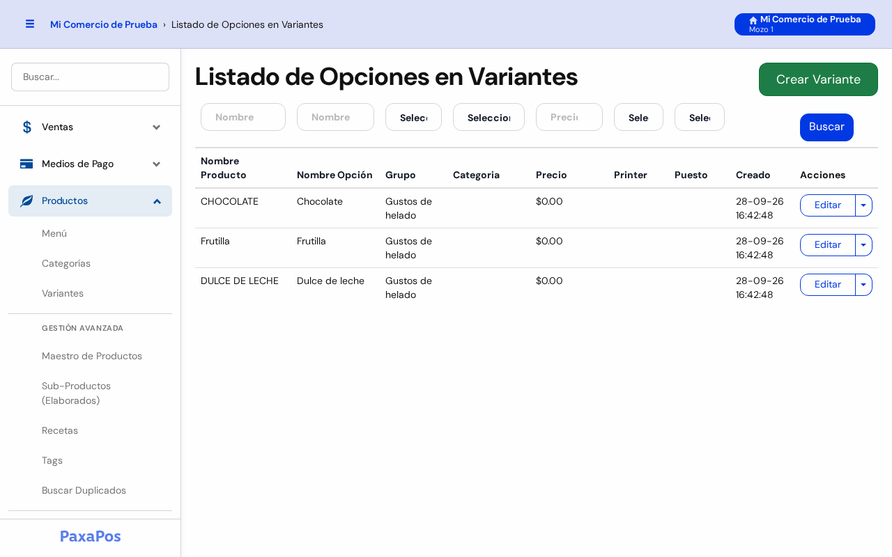 Pantalla Listado de Opciones en Variantes con Chocolate, Frutilla y Dulce de leche