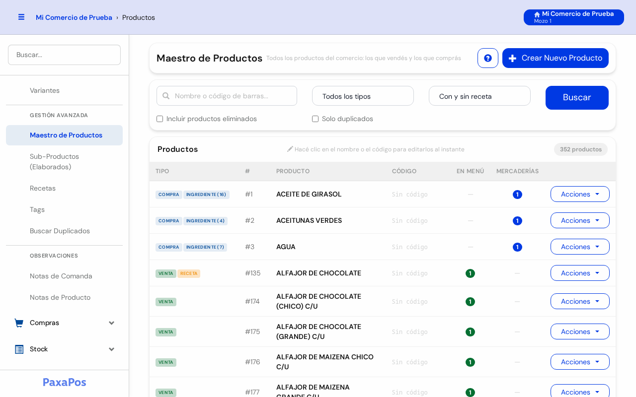 Pantalla Maestro de Productos con los filtros arriba y la lista de productos abajo